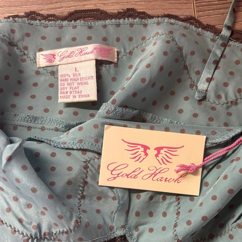 Gold Hawk 100% Silk Teal and Brown Lace Chemise - Picture 6 of 7